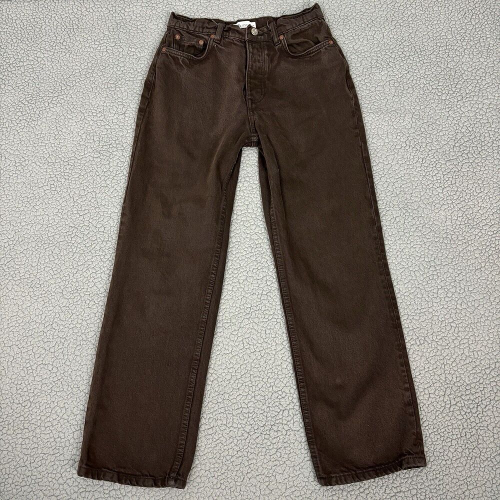 Zara Women's Straight Leg Jeans Size 6 Button Fly Brown Denim Streetwear